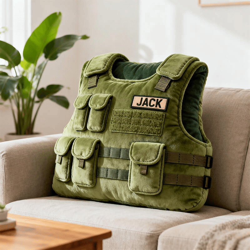 Custom Name Military Tactical Vest Shaped Pillow 3D Shape Pillow Funny Gift for Dad