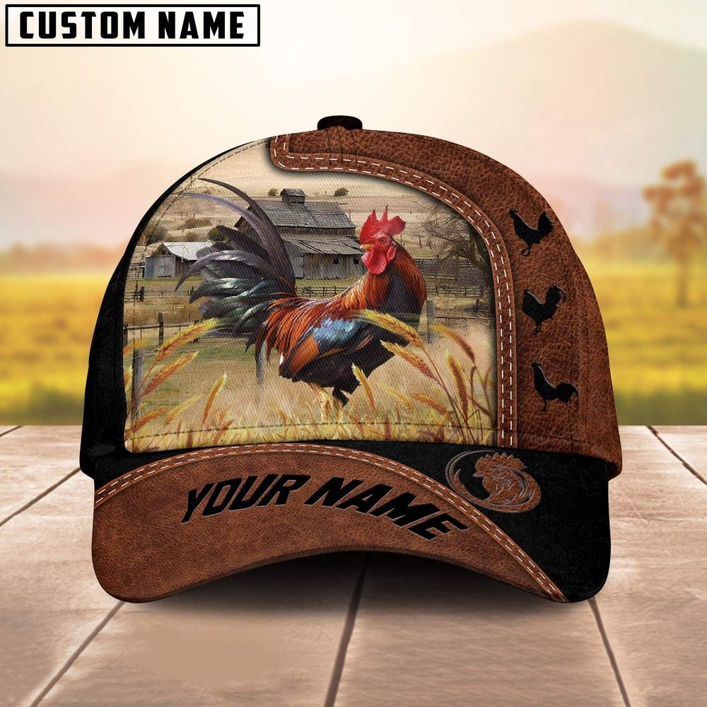 Custom Name Rooster Brown Black Leather Pattern Cap Farm Cap Farmer Baseball Cap Gift For Farmer
