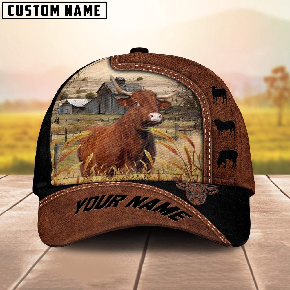 Custom Name Salers Cattle Brown Black Leather Pattern Cap Farm Cap Farmer Baseball Cap Gift For Farmer
