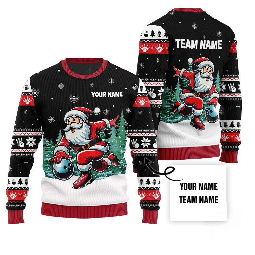 Custom Name Santa Bowling Ugly Holiday Sweater For Bowlers Xmas Sweaters For Family