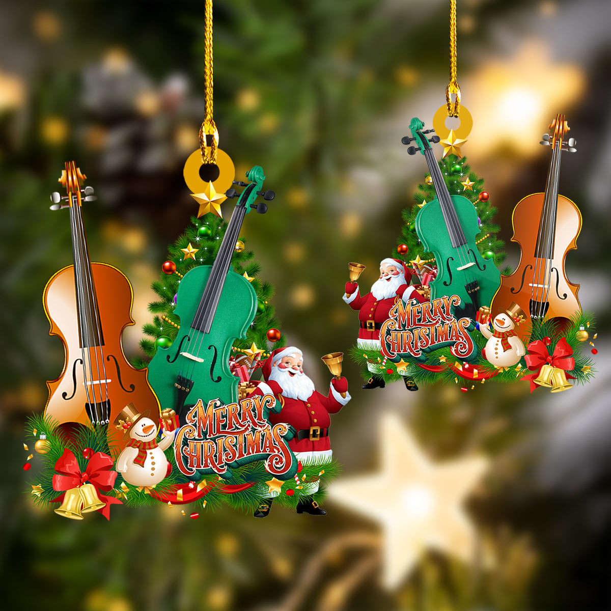 Custom Name Shaped Merry Christmas Santa with Violin Ornament Best Gift for Violin Lovers