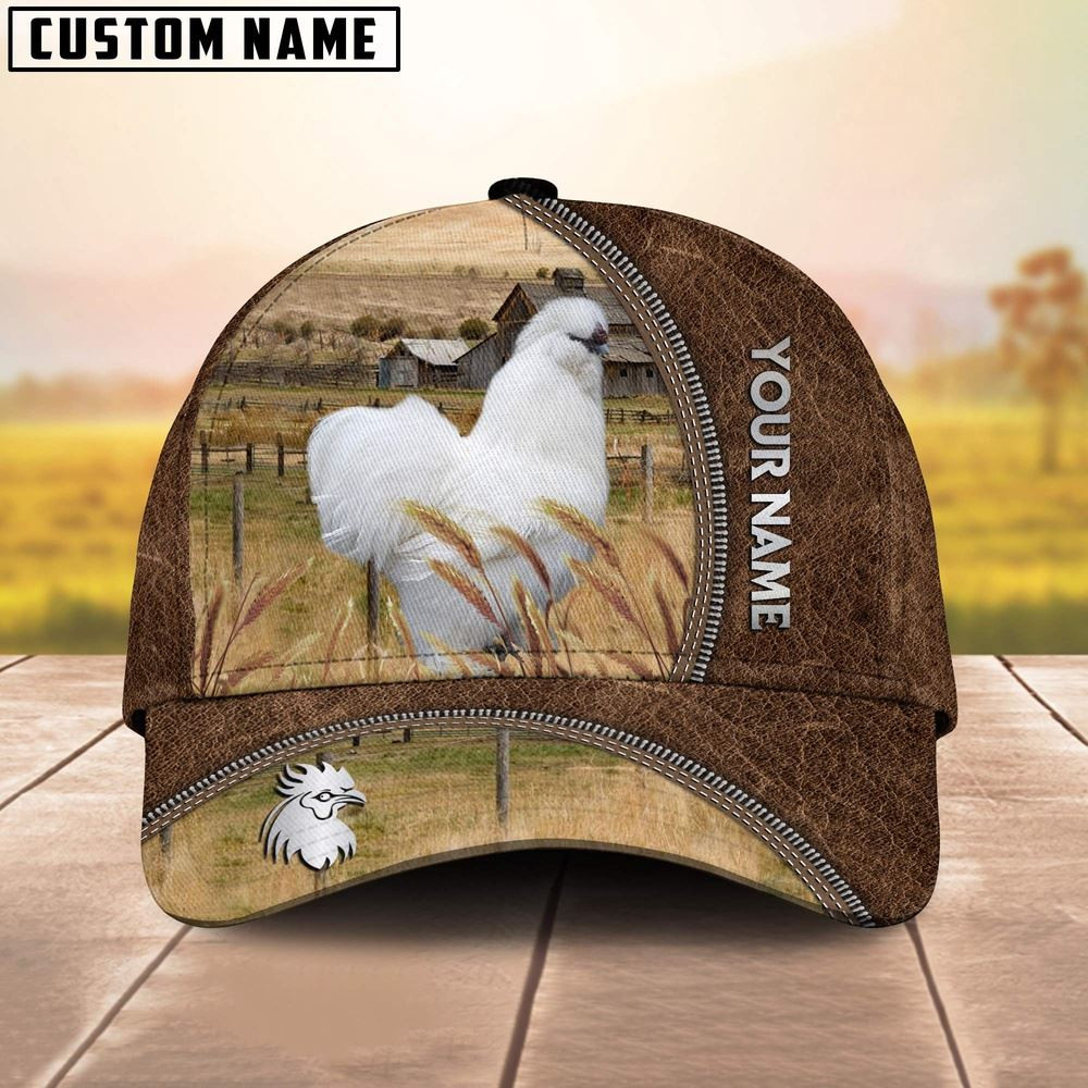 Custom Name Silkies Chicken Brown Leather Pattern Cap Farm Cap Farmer Baseball Cap Gift For Farmer