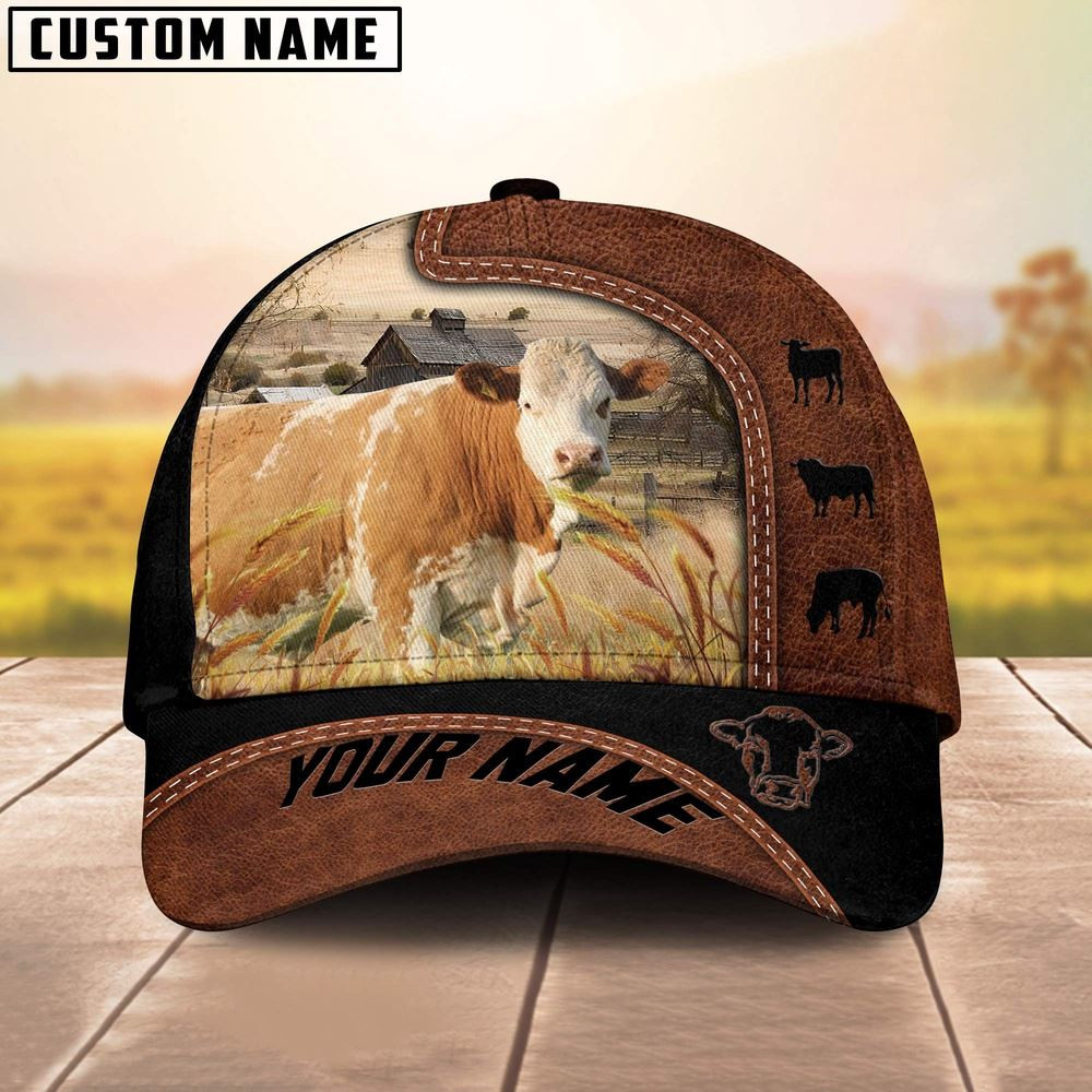 Custom Name Simmental Brown Black Leather Pattern Cap Farm Cap Farmer Baseball Cap Gift For Farmer