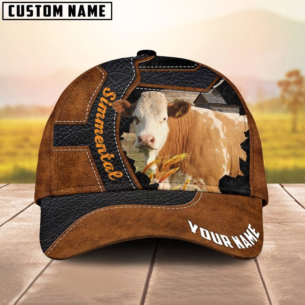 Custom Name Simmental Brown Leather Pattern 3D Cap Farm Cap Farmer Baseball Cap Gift For Farmer