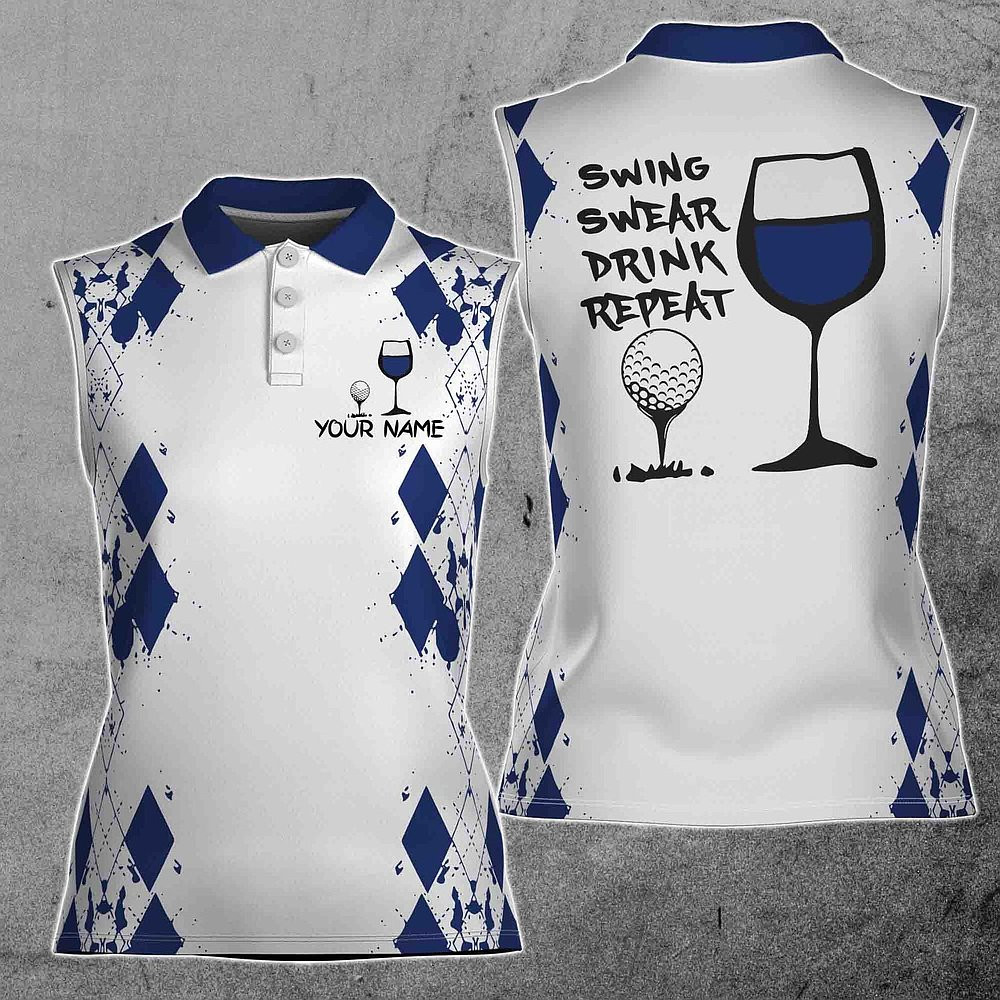 Custom Name Swing Swear Drink Repeat Golf And Wine 3D Sleeveless Polo Shirt For Her