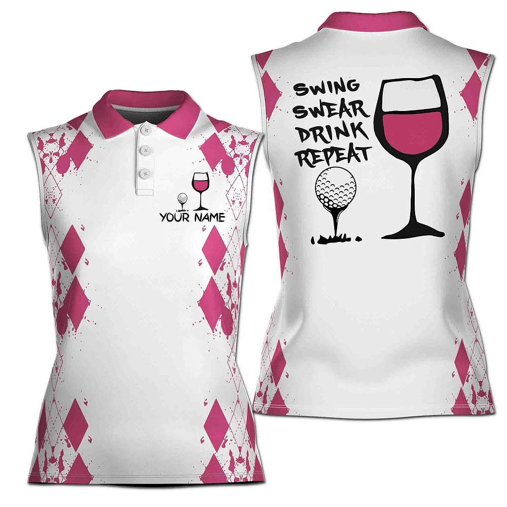 Custom Name Swing Swear Drink Repeat Golf And Wine 3D Sleeveless Polo Shirt For Women's