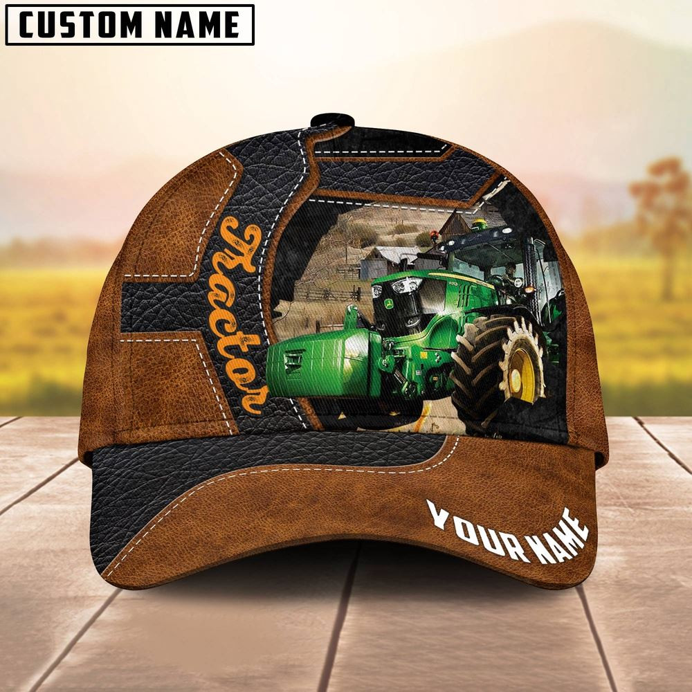 Custom Name Tractor Brown Leather Pattern 3D Cap Farm Cap Farmer Baseball Cap Gift For Farmer