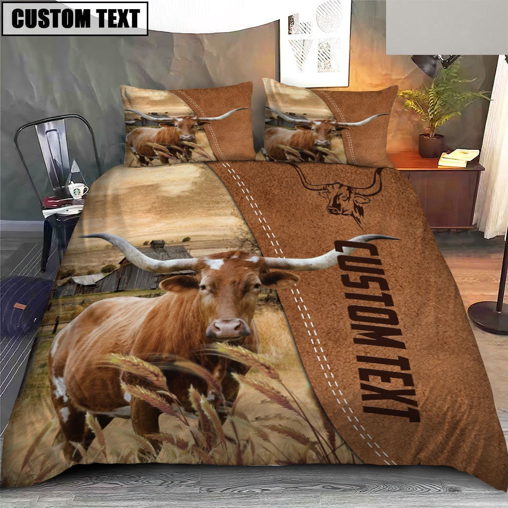 Custom Name TX Longhorn Cattle Brown Bedding Set  Farm Bedding Set Anniversary Gifts