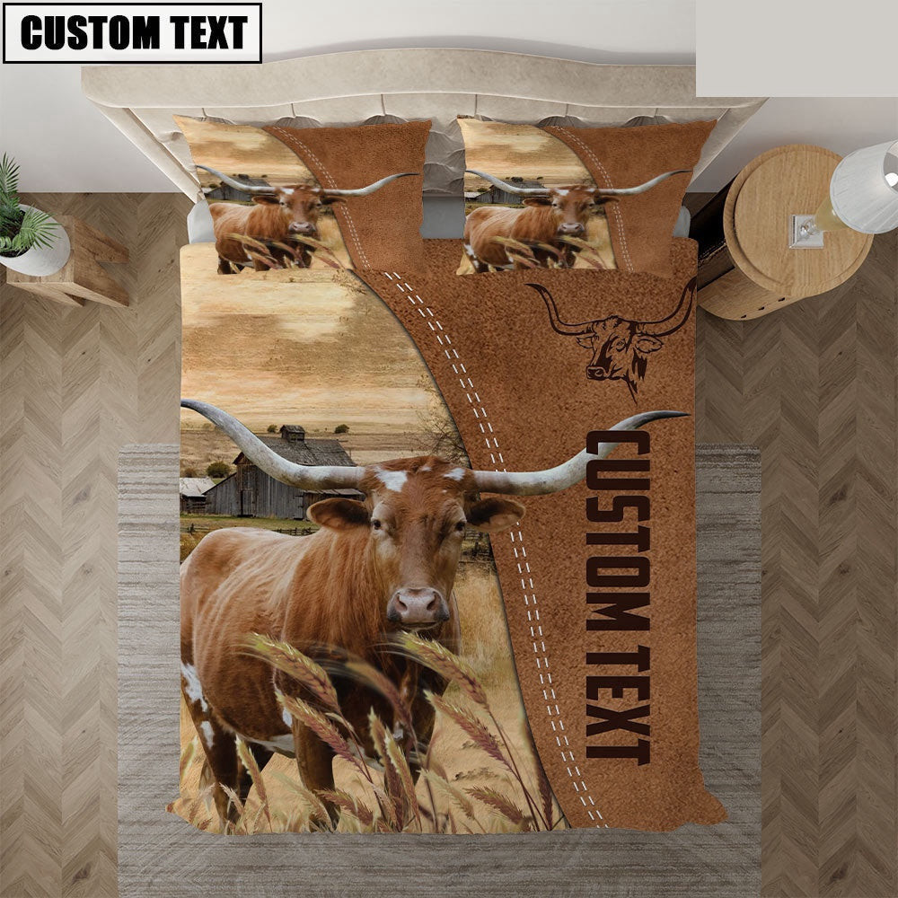 Custom Name TX Longhorn Cattle Brown Bedding Set  Farm Bedding Set Anniversary Gifts