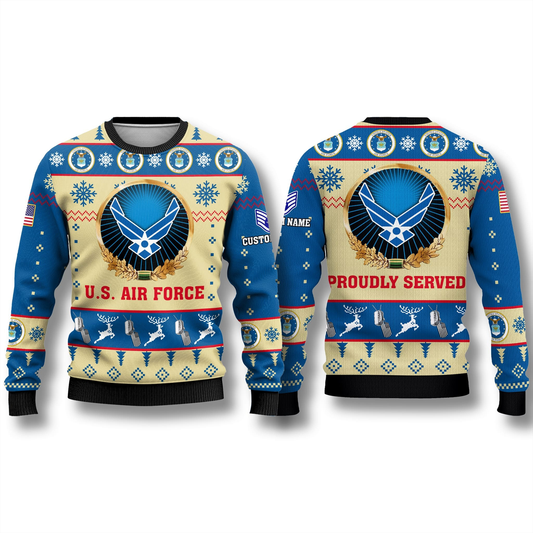 Custom Name US Air Force Sweater Proudly Served America Flag Outfit Christmas Gifts