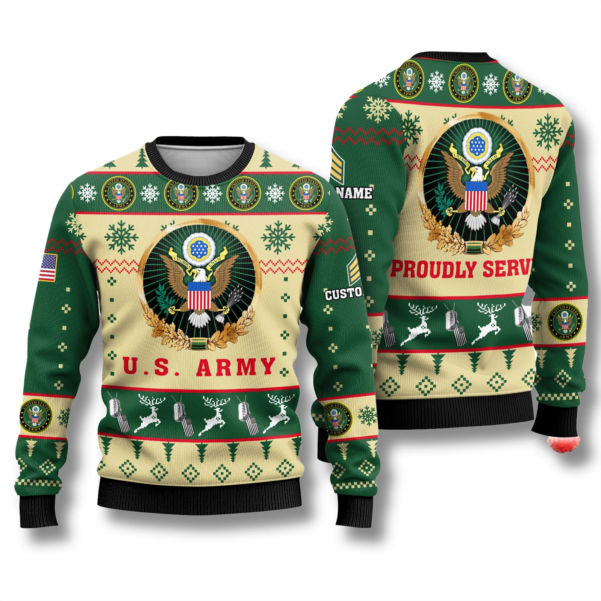 Custom Name US Army Sweater Proudly Served Eagle America Flag Outfit Christmas Gifts
