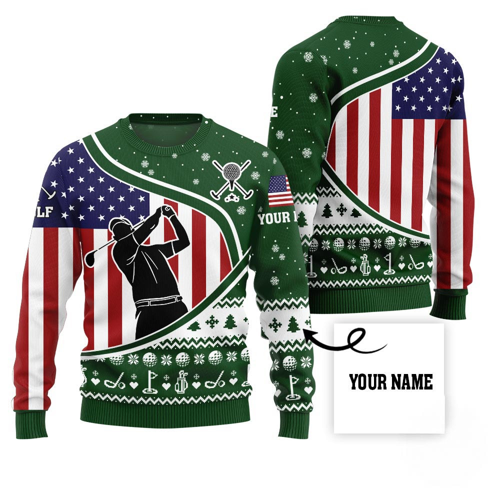 Custom Name Usa Flag Golf Ugly Christmas Sweater Best Christmas Sweaters