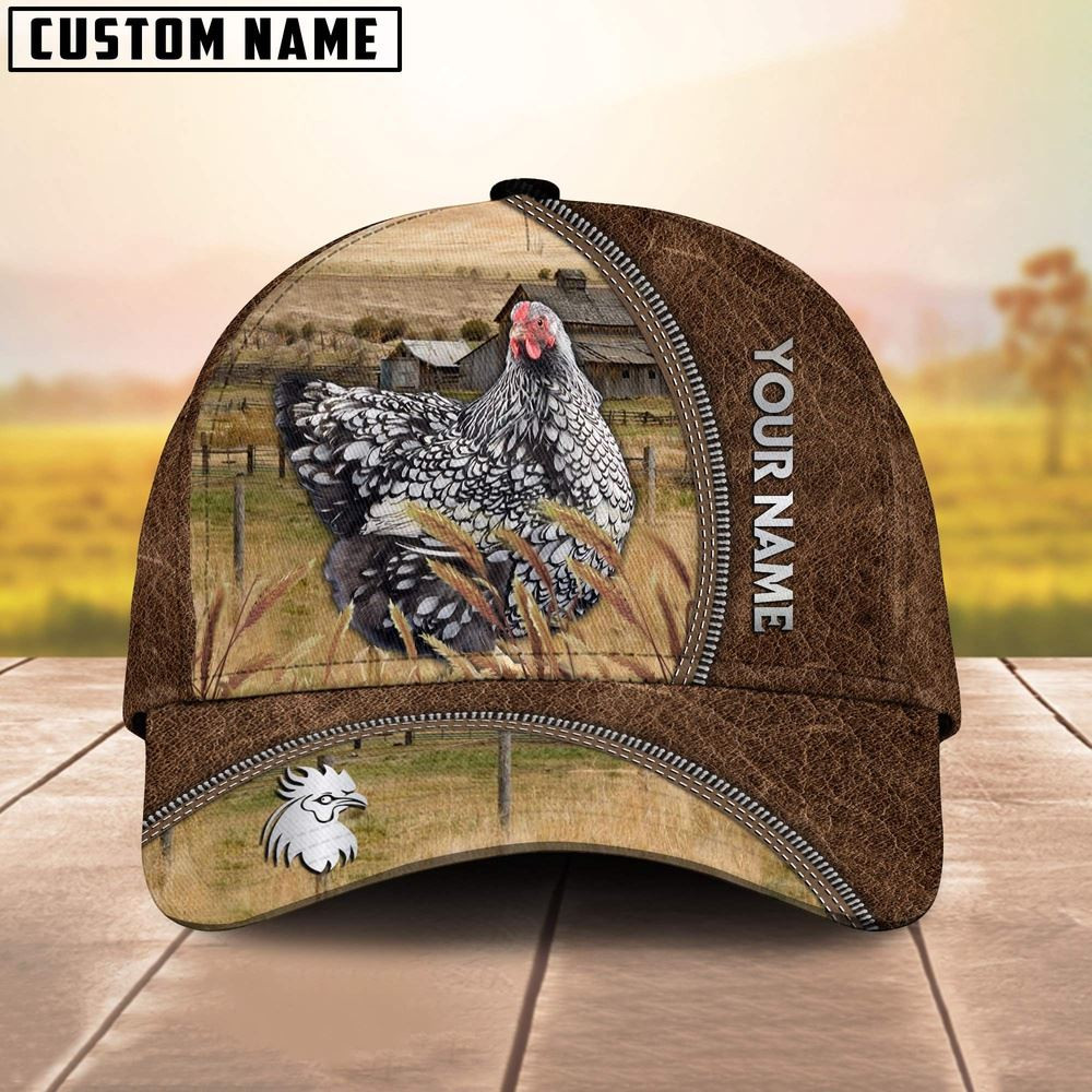 Custom Name Wyandotte Chicken Brown Leather Pattern Cap Farm Cap Farmer Baseball Cap Gift For Farmer
