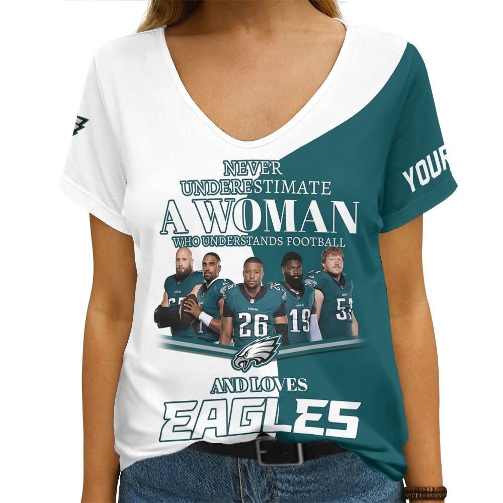 Custom Never Underestimate Woman Loves Philadelphia Eagles V-Neck Shirt Fan Gifts For Her