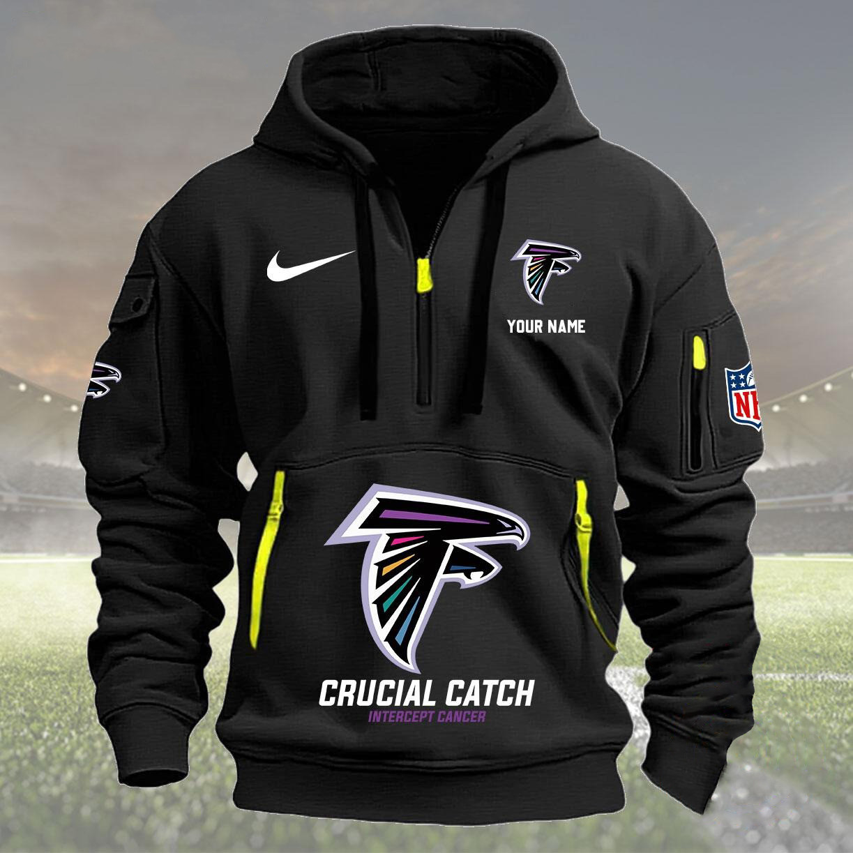 Custom NFL Atlanta Falcons 2024 Quarter Half Zip Hoodie Crucial Catch Intercept Cancer