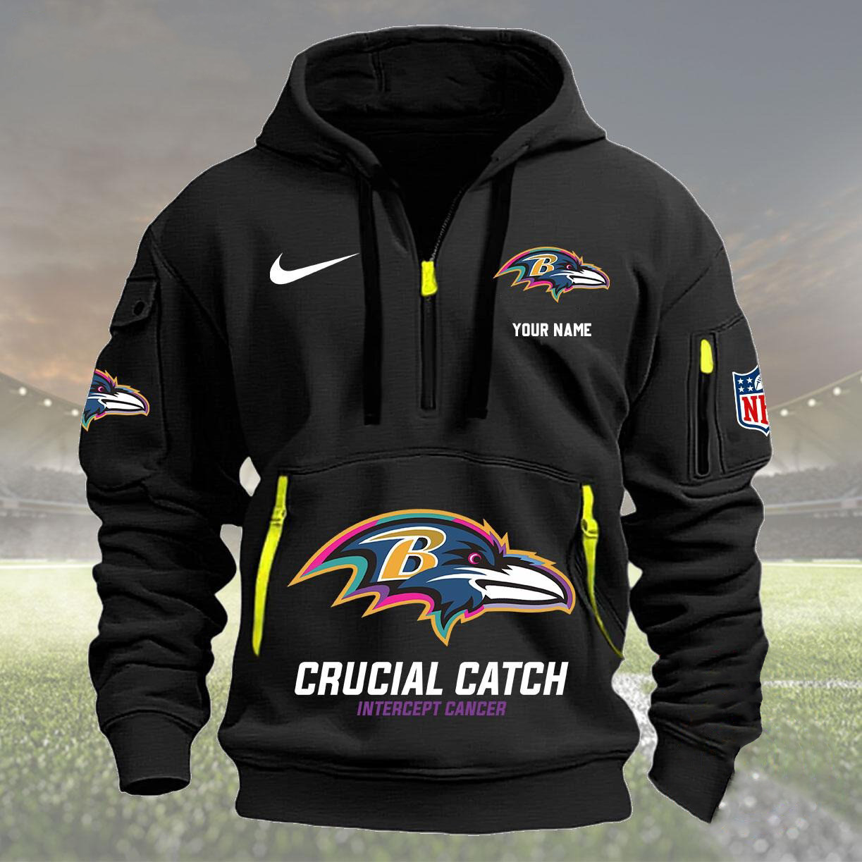 Custom NFL Baltimore Ravens 2024 Quarter Half Zip Hoodie Crucial Catch Intercept Cancer