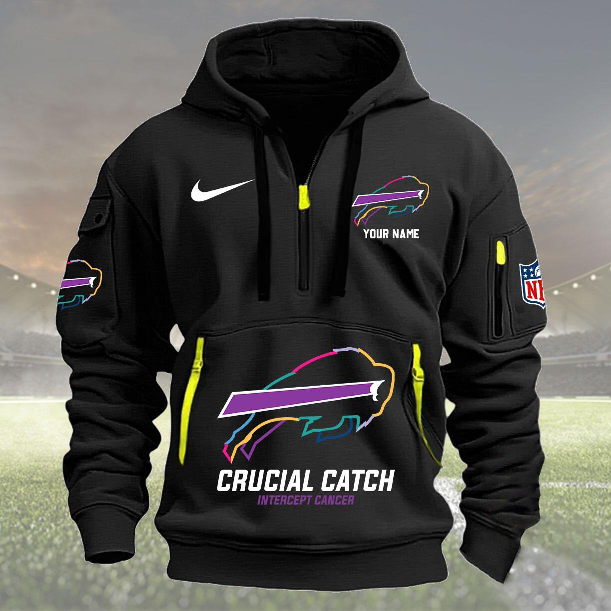 Custom NFL Buffalo Bills 2024 Quarter Half Zip Hoodie Crucial Catch Intercept Cancer