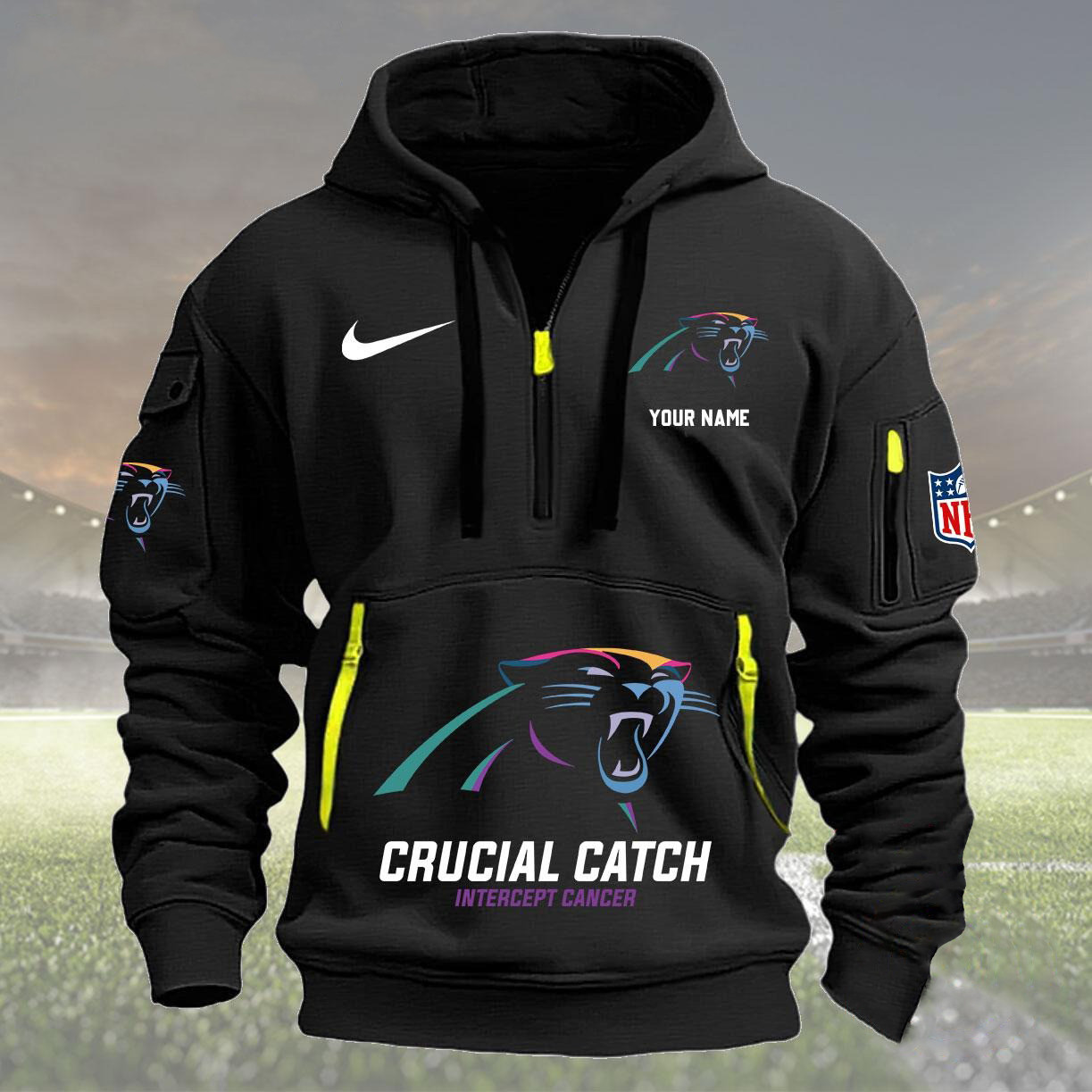 Custom NFL Carolina Panthers 2024 Quarter Half Zip Hoodie Crucial Catch Intercept Cancer