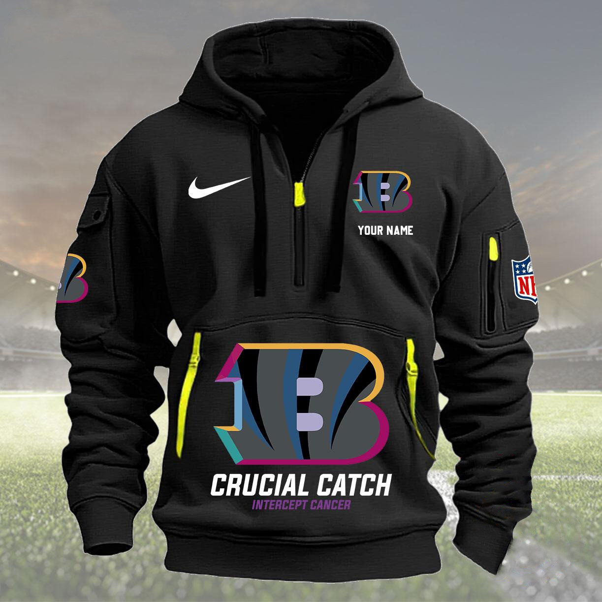 Custom NFL Cincinnati Bengals Quarter Zip Hoodie Football Crucial Catch Intercept Cancer