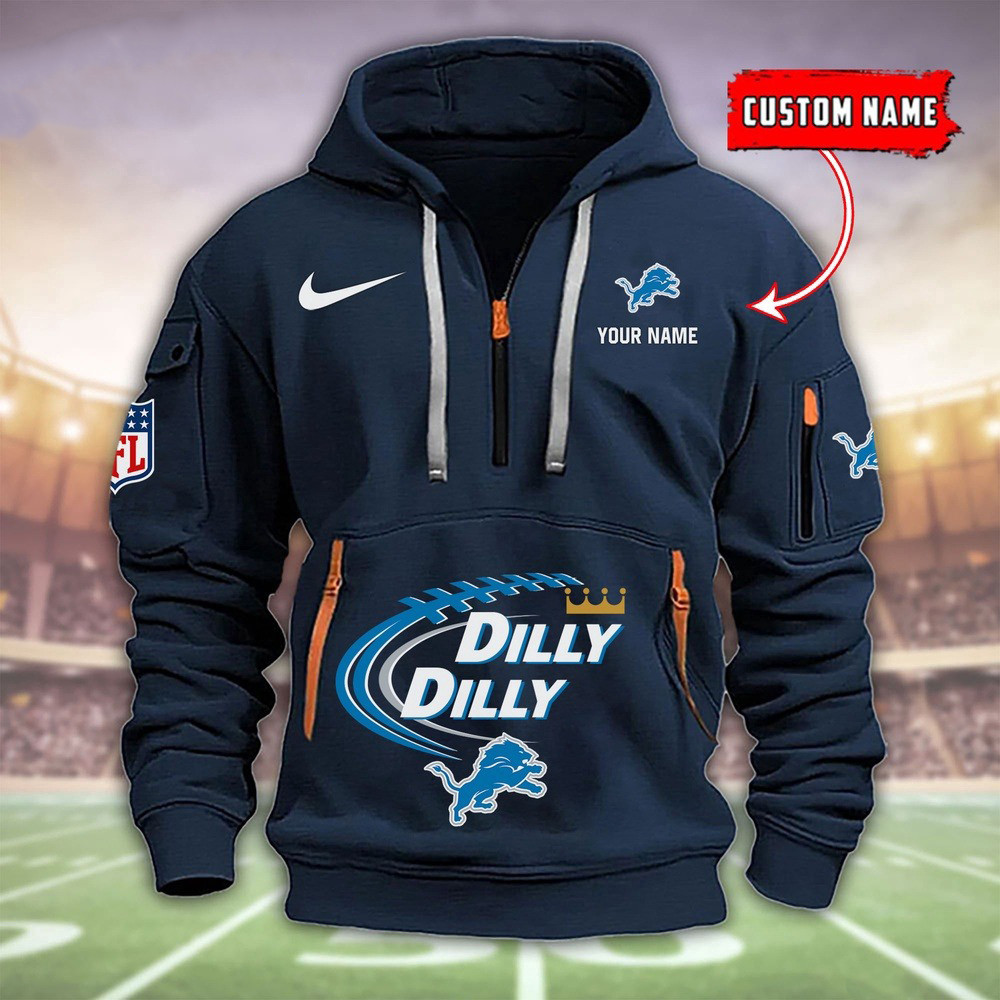 Custom NFL Detroit Lions Dilly Dilly Football Quarter Zip Half Hoodie Merch Clothing For Fans