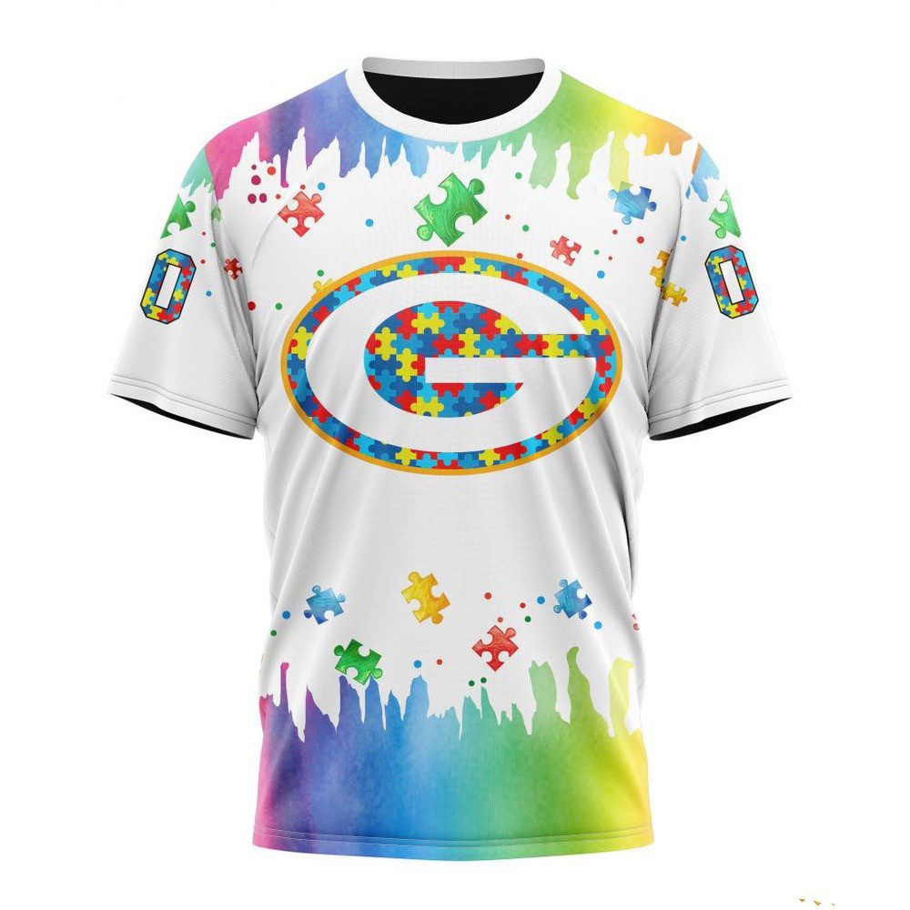 Custom NFL Green Bay Packers Autism Awareness Design T-Shirt Football Gifts For Men