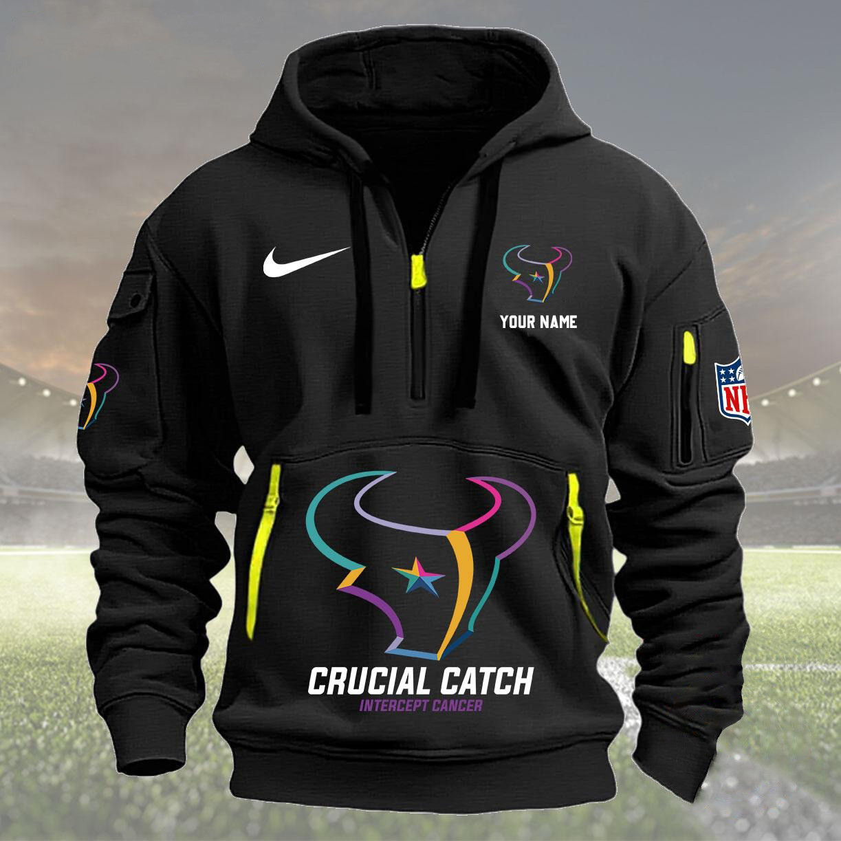 Custom NFL Houston Texans 2024 Quarter Half Zip Hoodie Crucial Catch Intercept Cancer