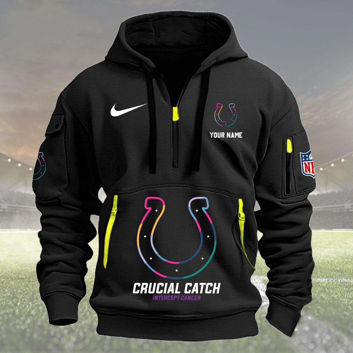 Custom NFL Indianapolis Colts 2024 Quarter Half Zip Hoodie Crucial Catch Intercept Cancer