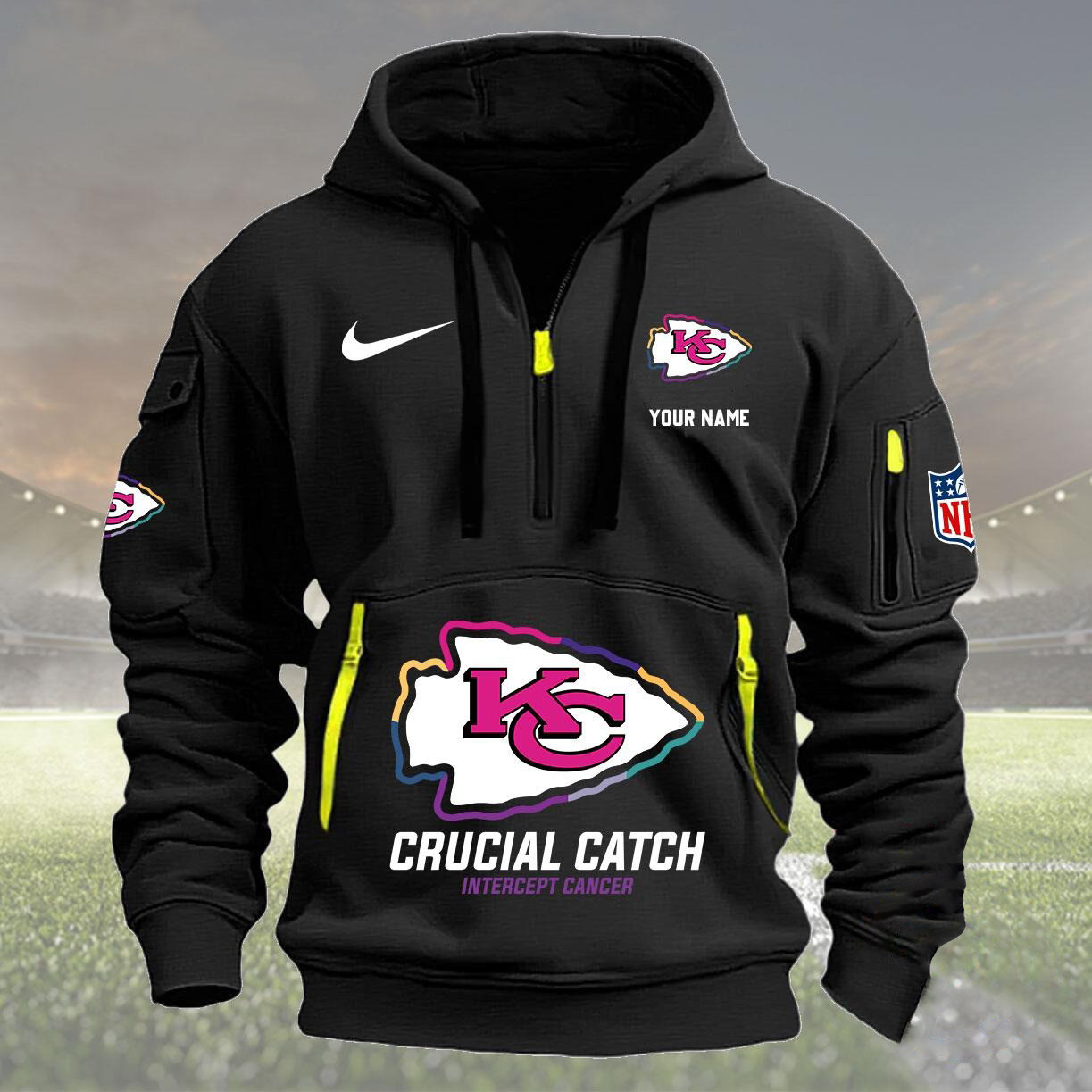 Custom NFL Kansas City Chiefs 2024 Quarter Half Zip Hoodie Crucial Catch Intercept Cancer