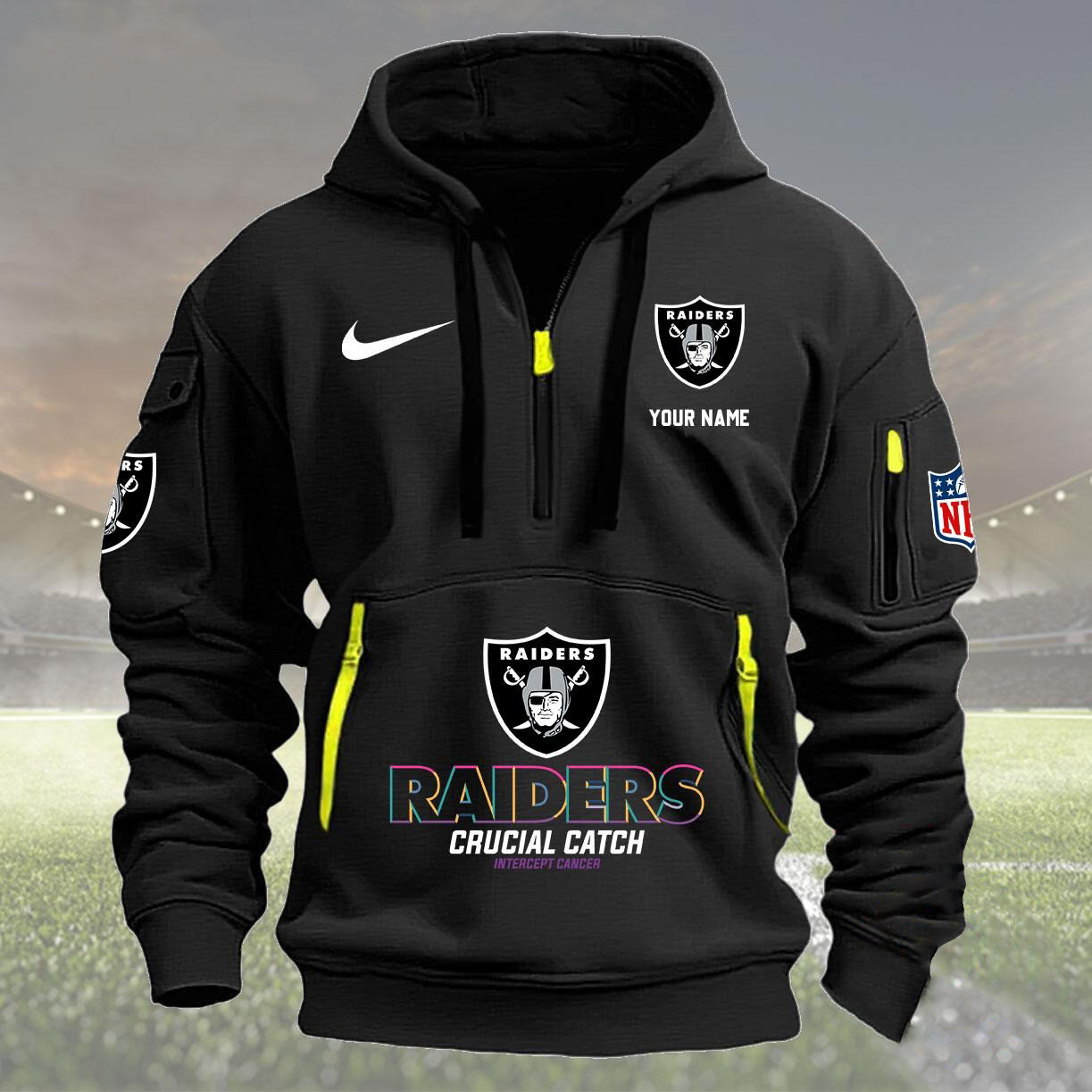 Custom NFL Las Vegas Raiders 2024 Quarter Half Zip Hoodie Crucial Catch Intercept Cancer