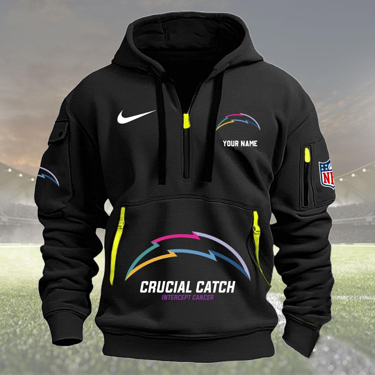 Custom NFL Los Angeles Chargers 2024 Quarter Half Zip Hoodie Crucial Catch Intercept Cancer