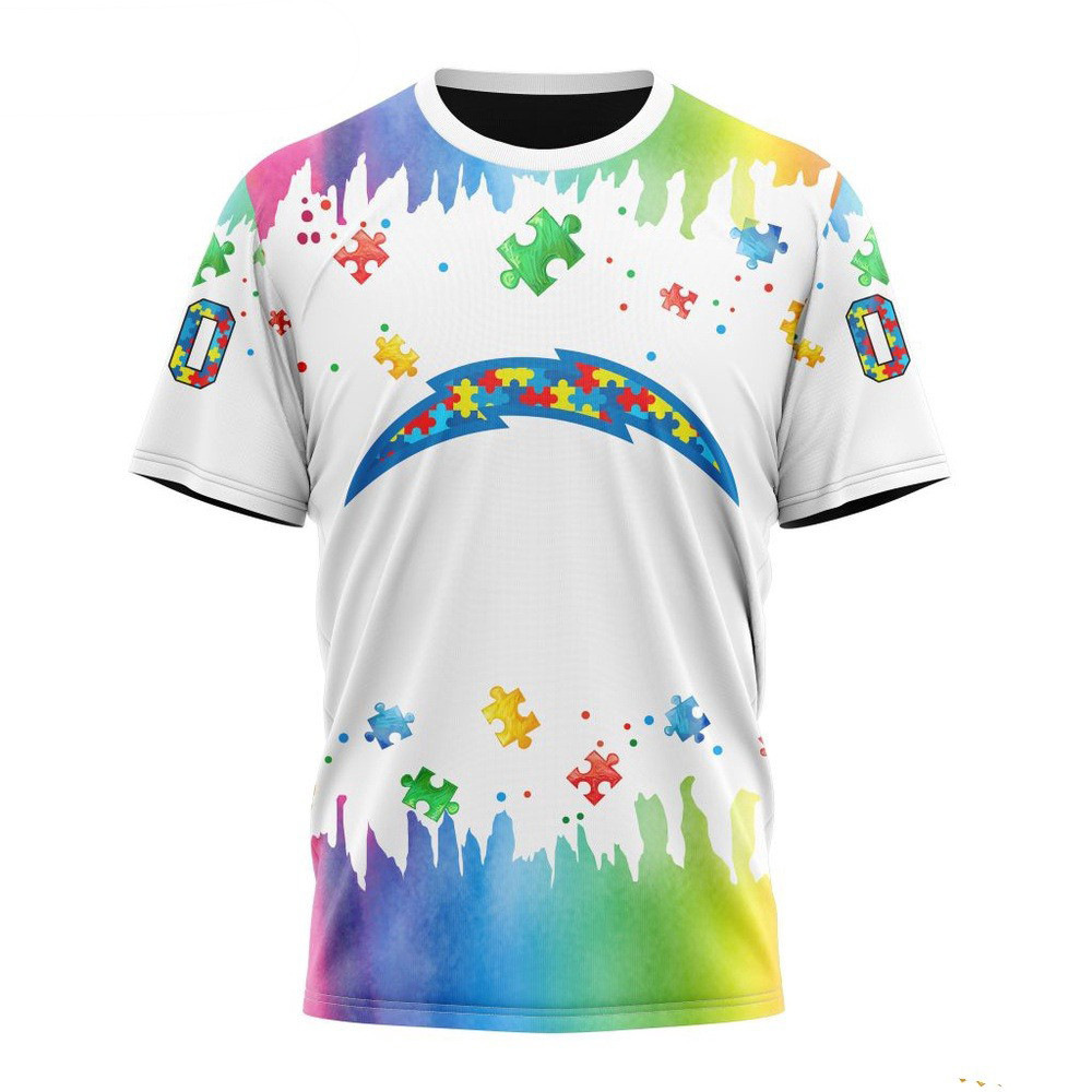 Custom NFL Los Angeles Chargers Autism Awareness Design 3D T-Shirt Best Football Gifts