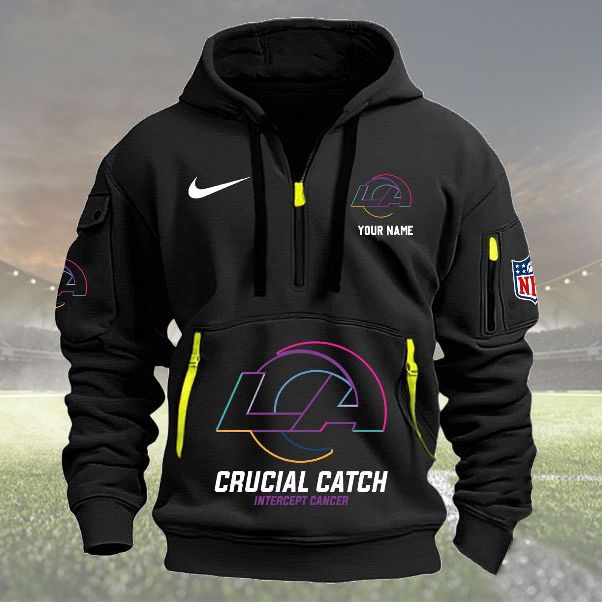 Custom NFL Los Angeles Rams 2024 Quarter Half Zip Hoodie Crucial Catch Intercept Cancer