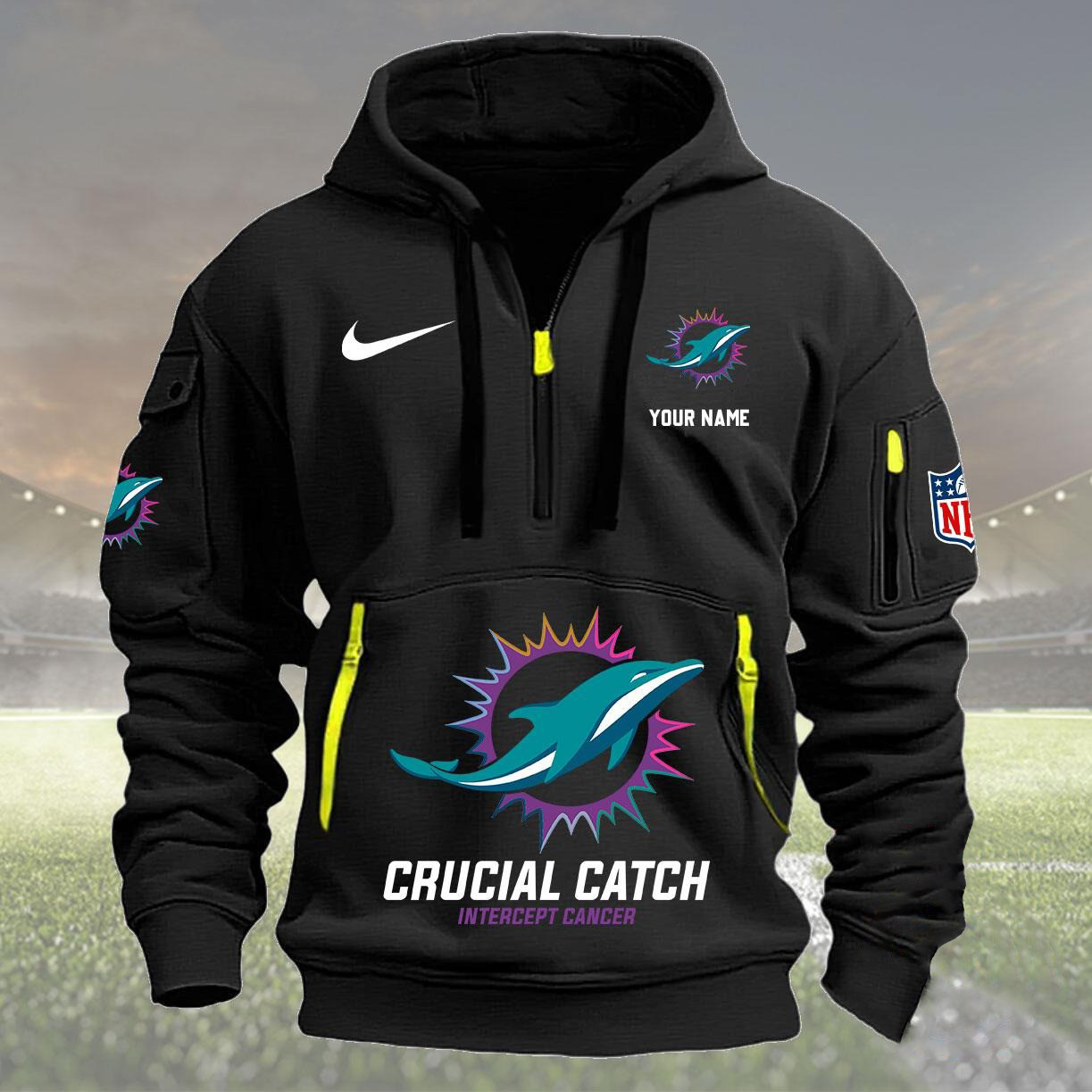 Custom NFL Miami Dolphins 2024 Quarter Half Zip Hoodie Crucial Catch Intercept Cancer