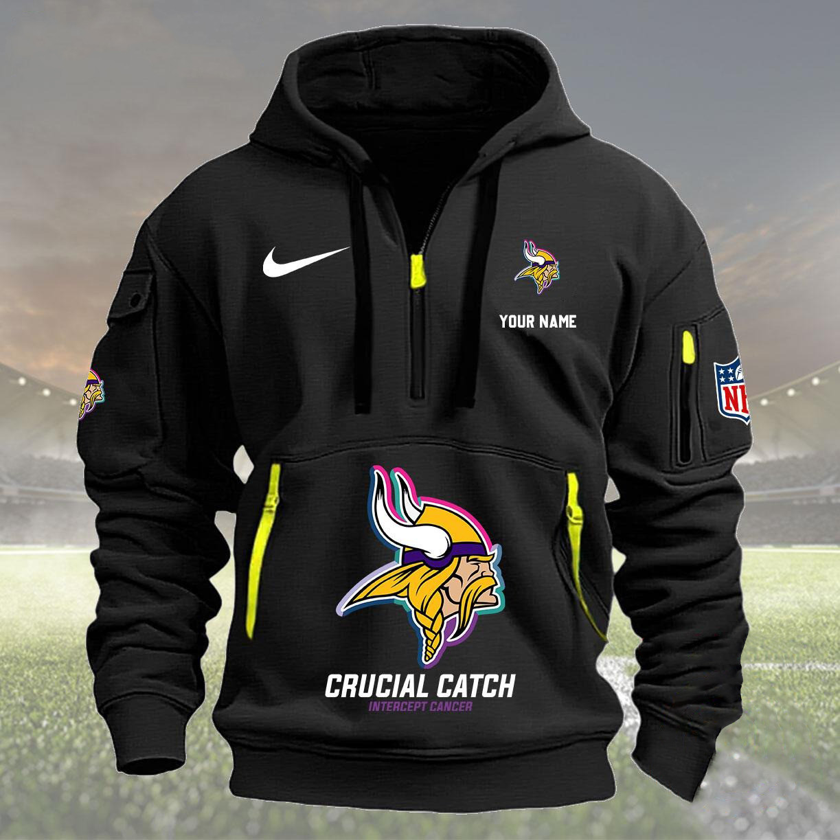 Custom NFL Minnesota Vikings 2024 Quarter Half Zip Hoodie Crucial Catch Intercept Cancer