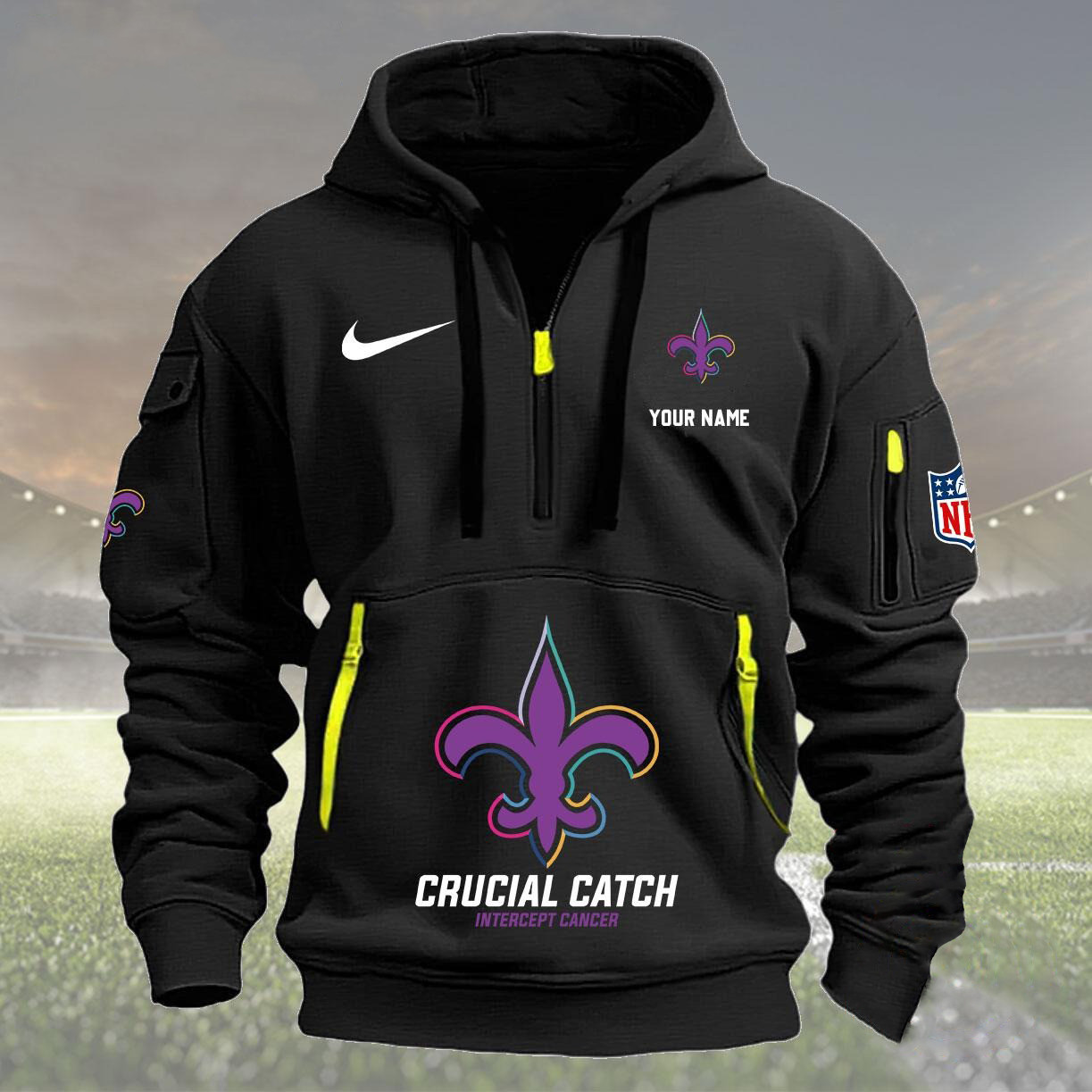 Custom NFL New Orleans Saints 2024 Quarter Half Zip Hoodie Crucial Catch Intercept Cancer