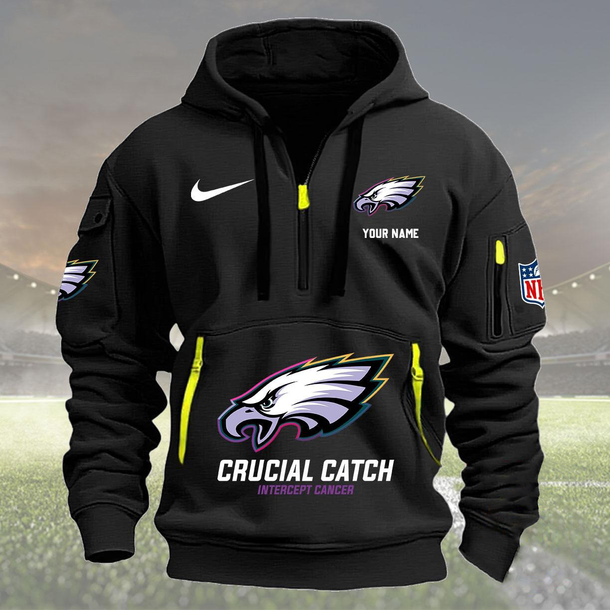 Custom NFL Philadelphia Eagles 2024 Quarter Zip Hoodie Crucial Catch Intercept Cancer