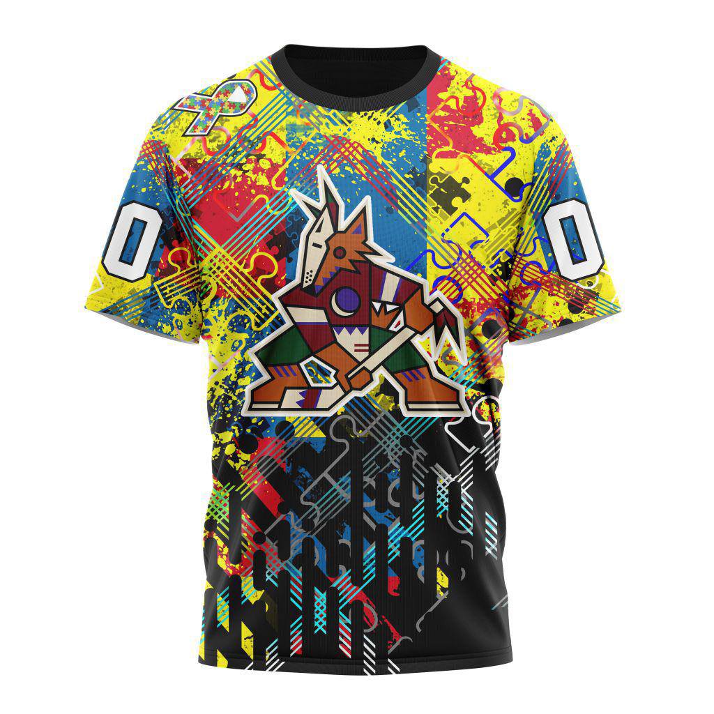 Custom NHL Arizona Coyotes Hockey Logo Team Autism Awareness Design T-Shirt Gifts For Fan