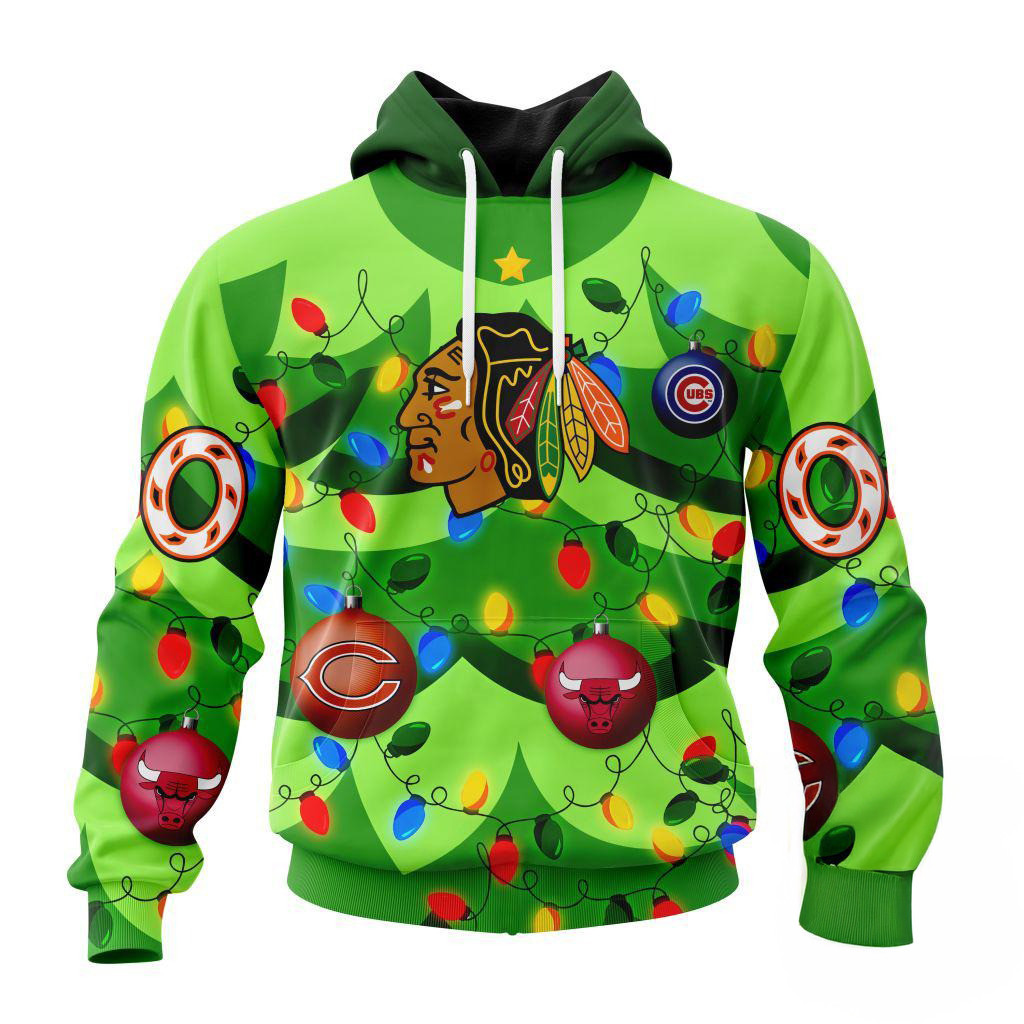 Custom NHL Chicago BlackHawks Specialized Christmas Tree Color And City's Sports Teams Hoodie