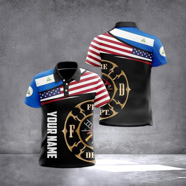 Custom Nicaragua And America Proud Firefighter Polo Shirt For Men Nicaraguan Clothing