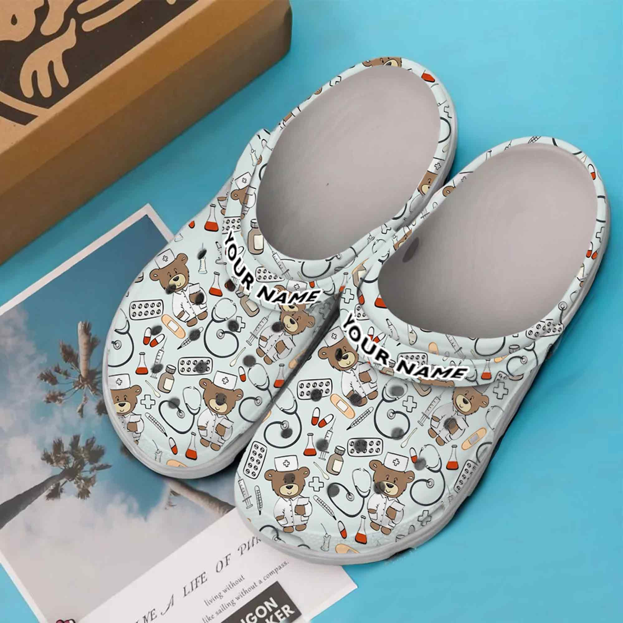 Custom Nurse Baby Bear Medical Clogs Cute Stethoscope Healthcare Shoes Gift For Nurse