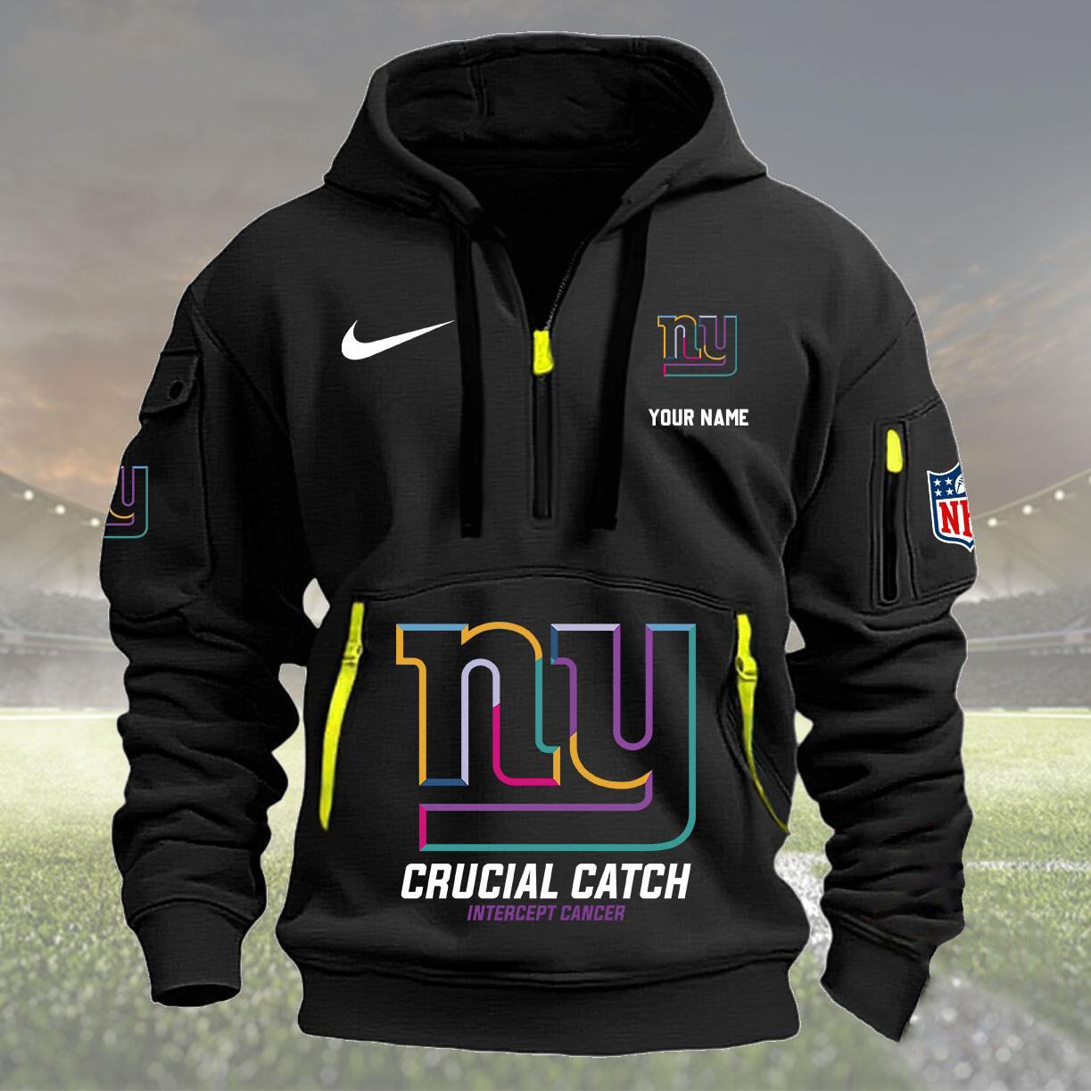 Custom NY New York Giants 2024 Quarter Half Zip Hoodie NFL Crucial Catch Intercept Cancer
