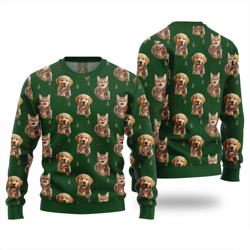 Custom Pet Photo Christmas Sweater With Pinetree Pattern Christmas Vacation Sweater