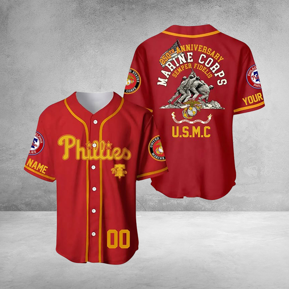 Custom Philadelphia Phillies x U.S. Marine Corps 250Th Anniversary Jersey USMC Veteran Gifts