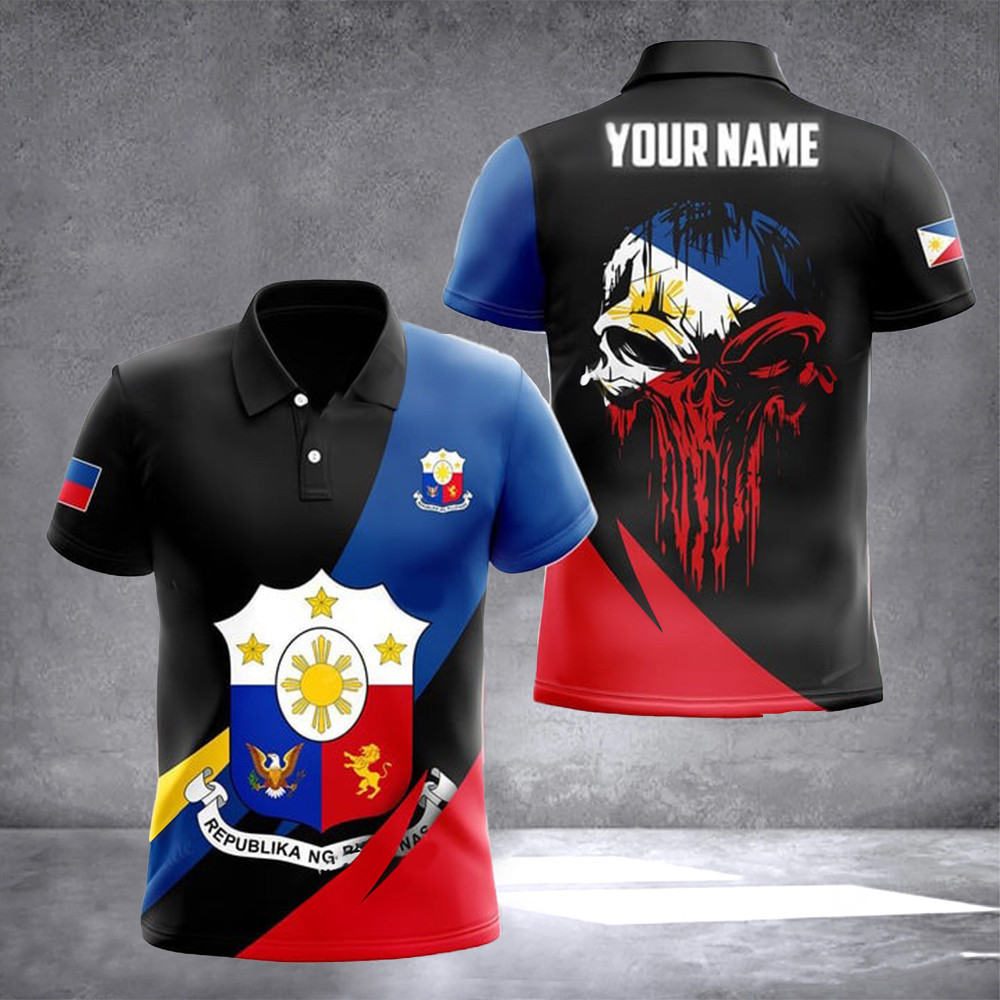 Custom Philippines Coat Of Arms Skull Flag Polo Shirt For Men Gifts For Filipino Friend