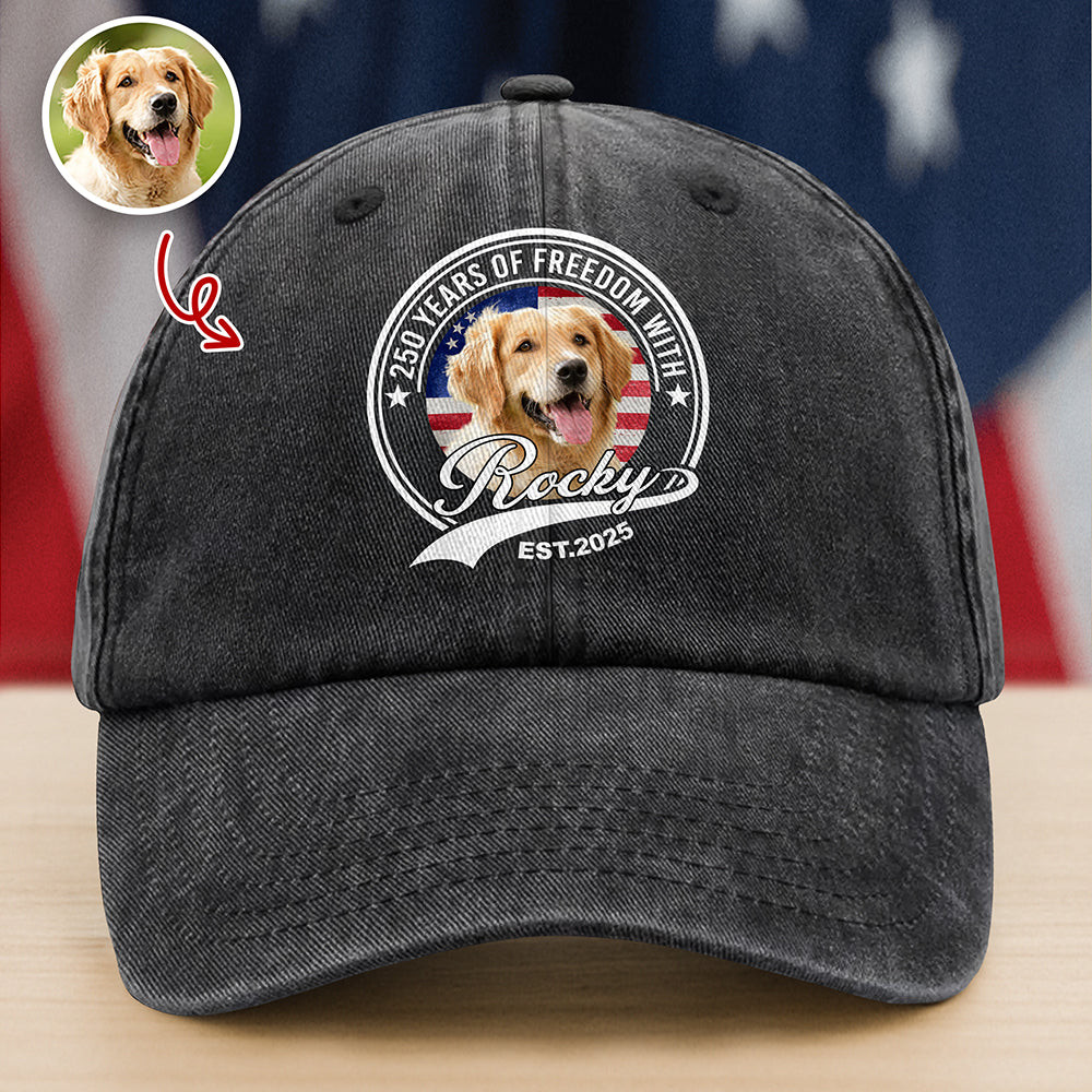 Custom Photo 250 Years Of Freedom With Dog Cat Washed Denim Baseball Cap America 250 Merchandise Patriotic Gifts For Dad