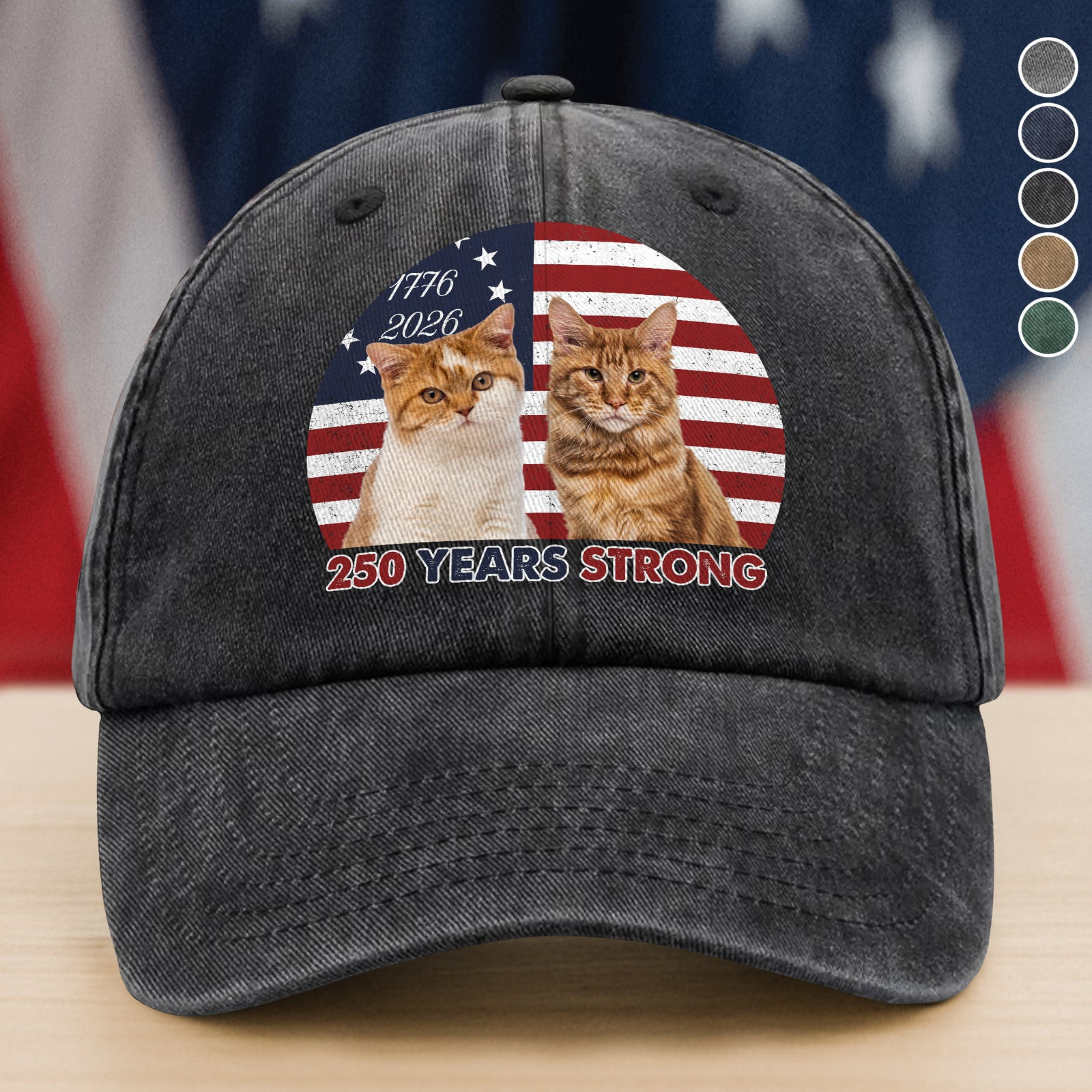 Custom Photo 250 Years Strong Dog Cat Vintage Retro Washed Denim Baseball Cap America 250 Merchandise Gifts For A Patriotic Person
