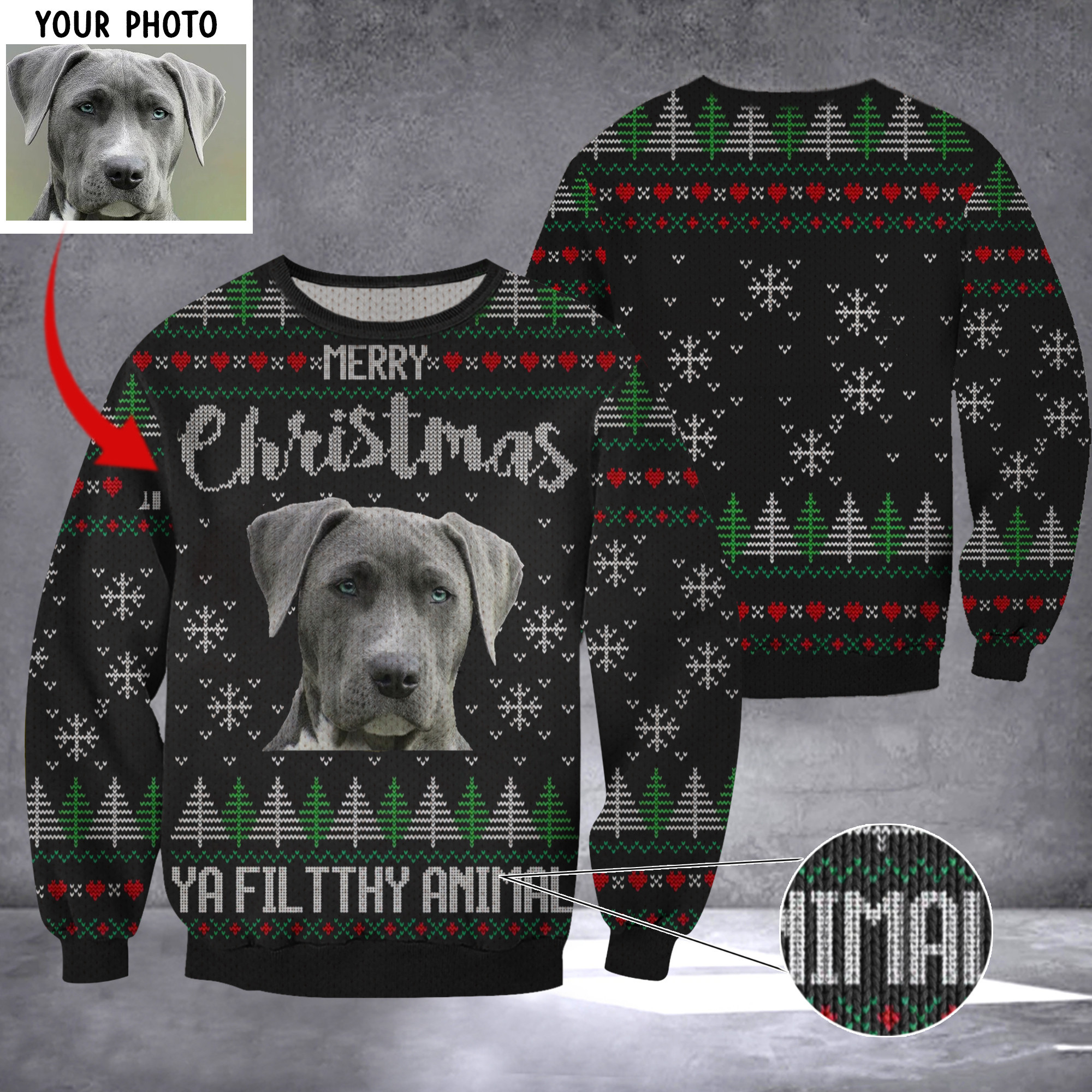 Custom Photo Blue Lacy Merry Christmas Ya Filthy Animal Ugly Christmas Sweater Dog Lovers Gift