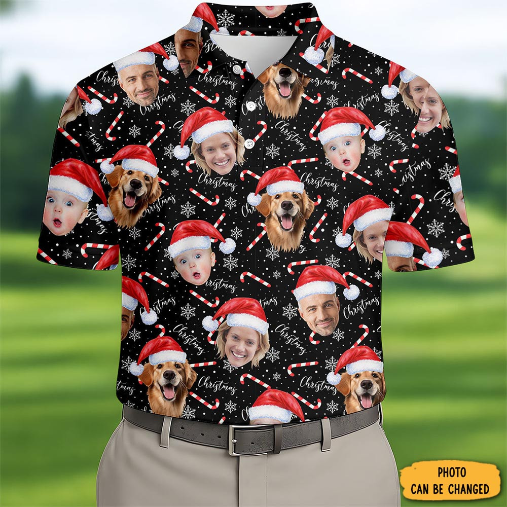 Custom Photo Candy Cane Christmas Polo Shirt Christmas Golf Shirt Golf Shirts For Men