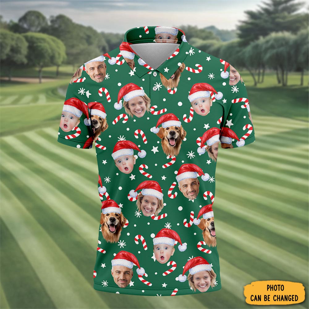 Custom Photo Candy Cane Pattern Polo Shirt Christmas Golf Shirt Xmas Gifts Ideas