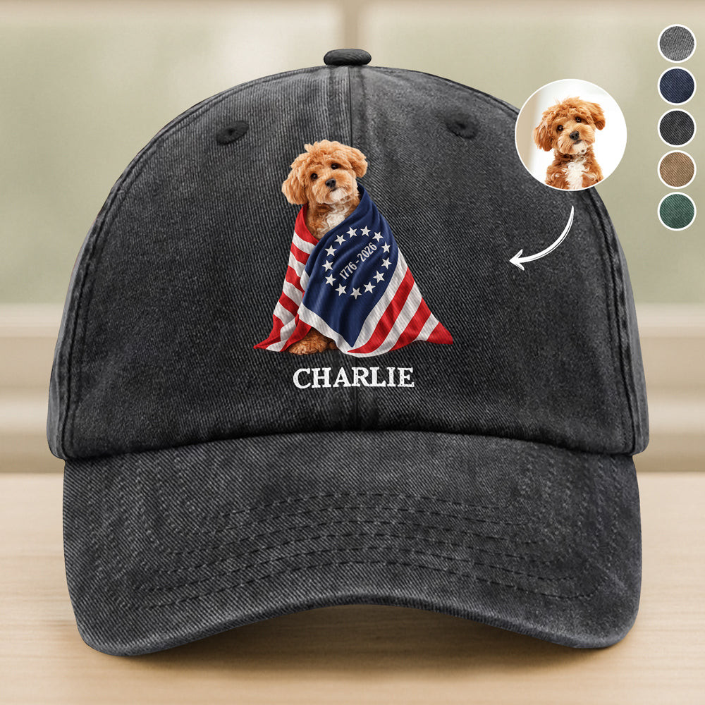 Custom Photo Dog Cat With America 250 Washed Denim Baseball Cap America 250 Merchandise Gifts For Patriots